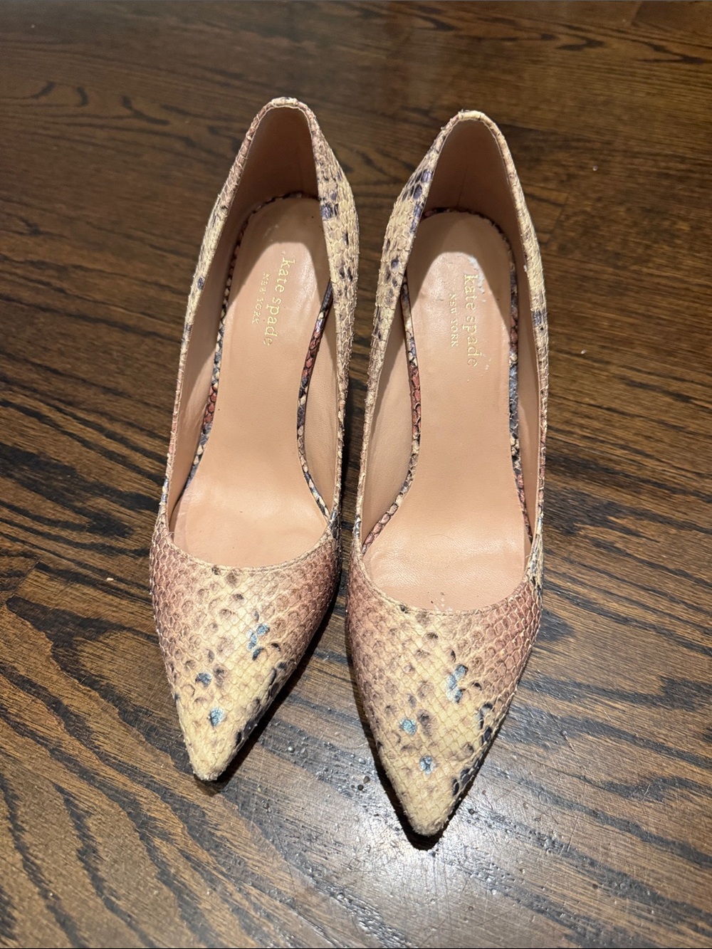 kate spade Pointed Toe Snakeskin-Texture Pumps in Blush Multi
